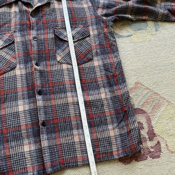 Vintage 70s Loop Collar Flannel Shirt Wool Blend Topaz Plaid Medium Camp - Picture 6 of 7